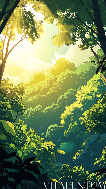 Golden Light Pierces Through Layered Forest Canopy