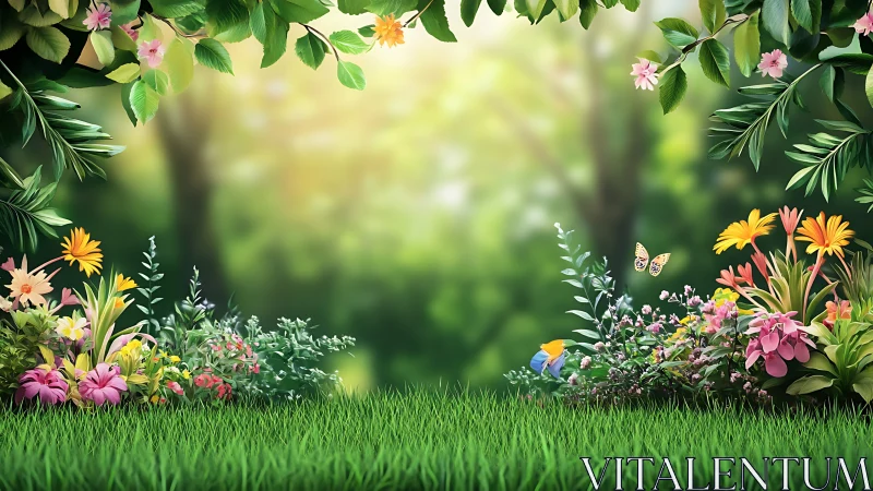 Sunlit garden clearing framed by joyful wild blossoms.