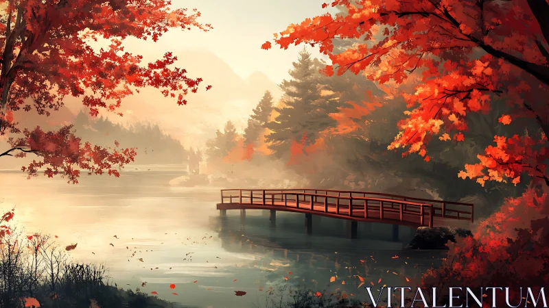 Autumn lake footbridge under glowing misty mountain light.