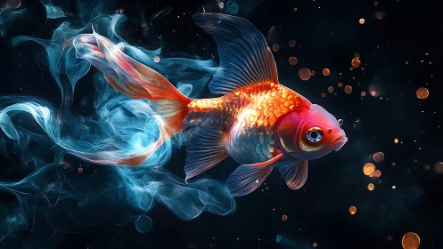 Luminous goldfish drifting through cosmic, glowing currents.