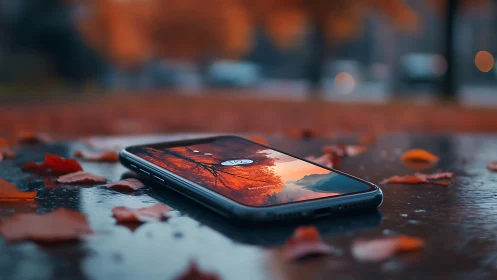 Smartphone on Wet Ground with Autumn Leaves.