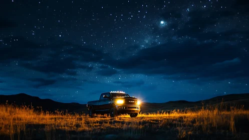 Off-road pickup illuminated beneath expansive starry skies.