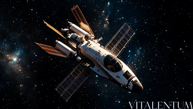 Orbital shuttle spreads radiant solar wings in star-sown dark