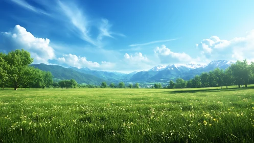 Sunlit green meadow before distant snowcapped mountains.