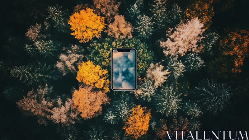 Smartphone Centered in Forest Canopy Aerial View.