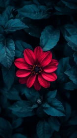 Vivid Red Dahlia Blooms Against Teal Foliage