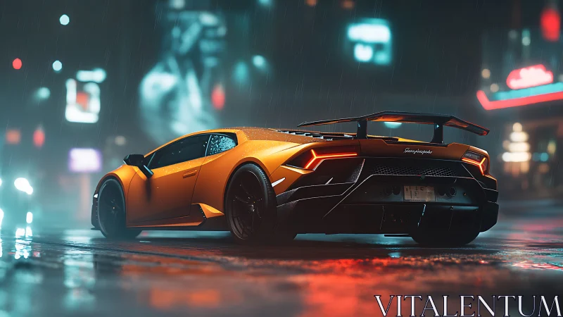 Orange supercar on wet neon city street at night.
