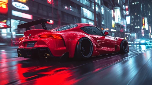 Red sports coupe moves through wet neon city street at night