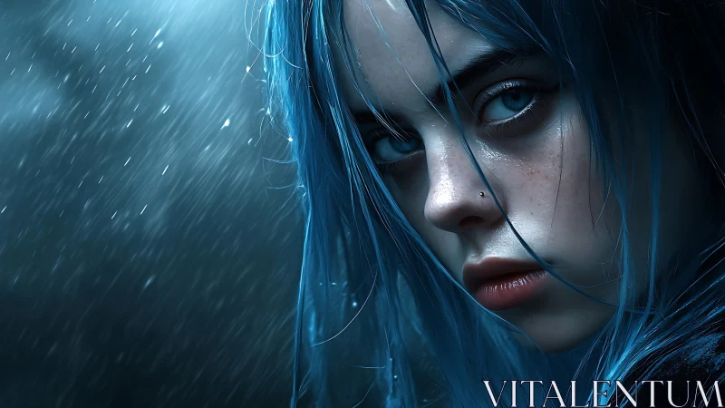Moody close-up portrait of blue-haired girl in directional rain