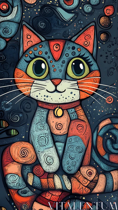 Ornate cat illustration with geometric patterns in blue and orange