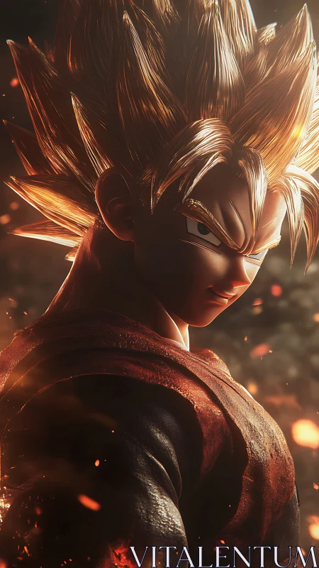 Spiky haired anime warrior stands in glowing ember light