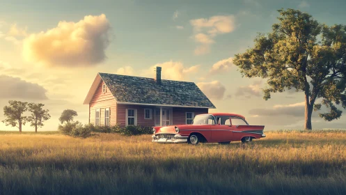 Sunlit country cottage with a vintage red car at rest.