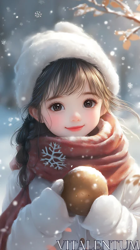 Soft-lit winter portrait shows stylized child with scarf and snowball