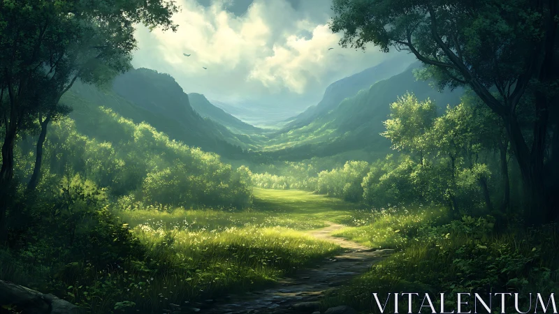 Verdant Valley: Sunlit Meadow Framed by Towering Mountains.