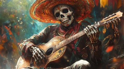 Skeleton guitarist in vibrant sombrero plays in fiery dusk