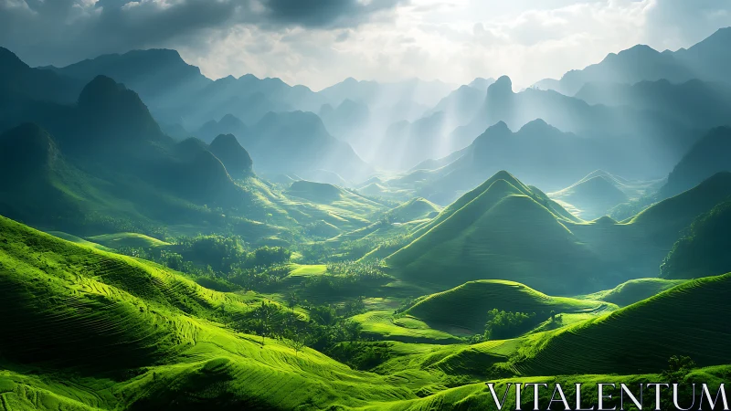 Sunlit emerald valleys and misty mountains unfolding softly.