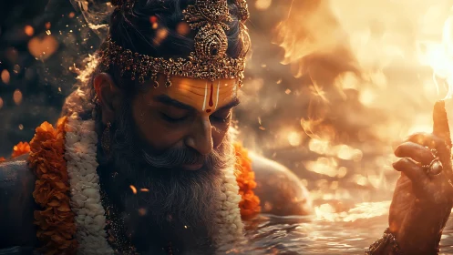 Holy man in water with garlands and glowing firelight.