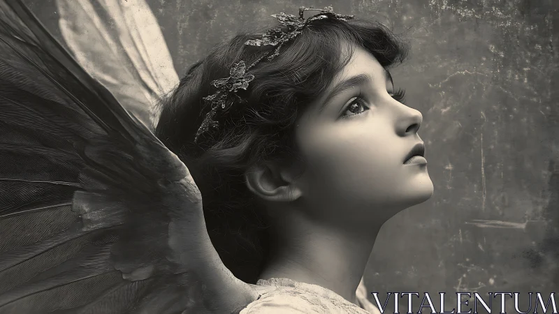 Profile portrait of winged child figure in grayscale light.