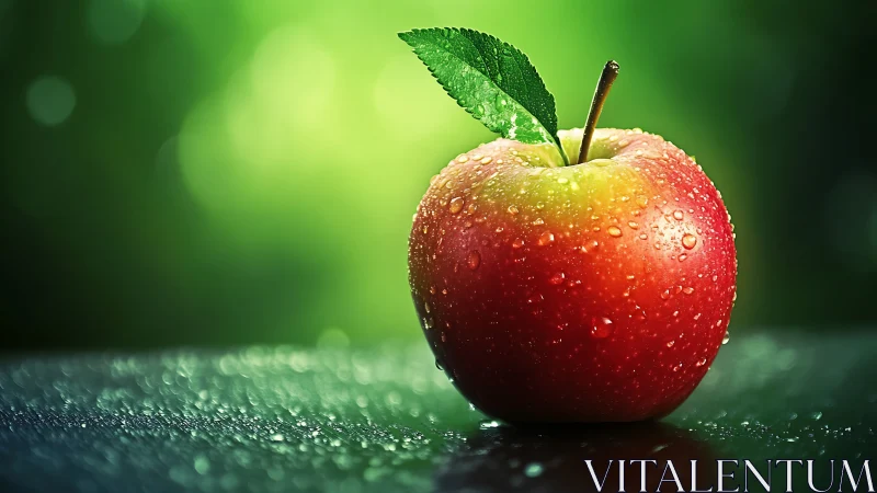 Red apple rests on wet surface under vivid green light