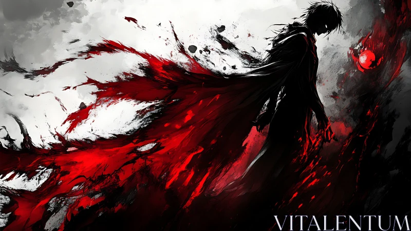 Silhouetted warrior with abstract red energy cloak eruption