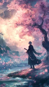 Gentle samurai gazes under glowing cherry blossom sky