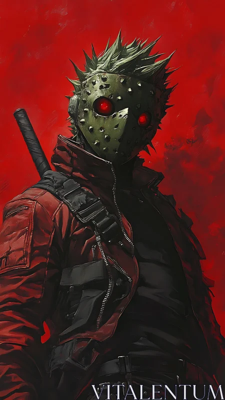 Edgy masked wanderer in red against a blazing backdrop.