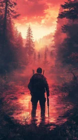 Solitary armed figure stands in shallow stream at red sunset