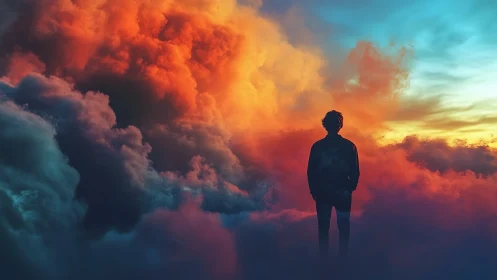 Backlit silhouette in volumetric tri-chromatic cloud field.