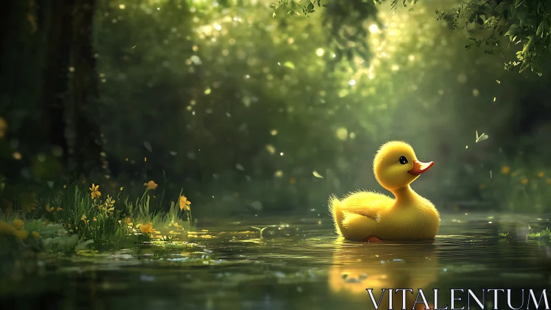 Digital painting of duckling in luminous forest pool scene.