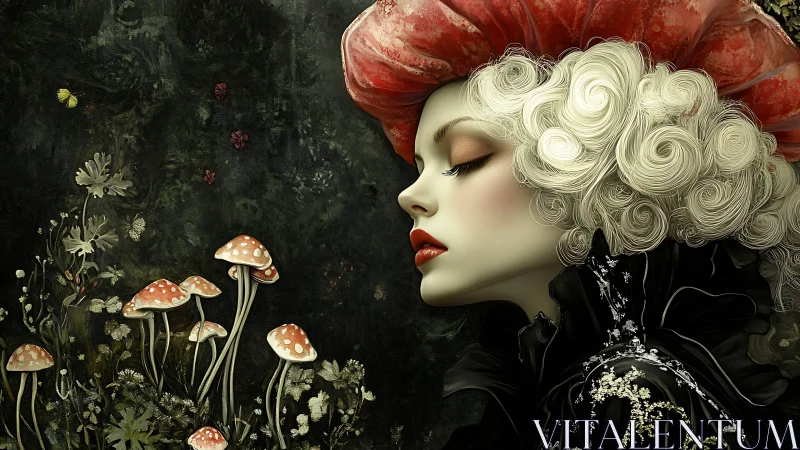 Profile of pale woman with mushrooms and red headdress.