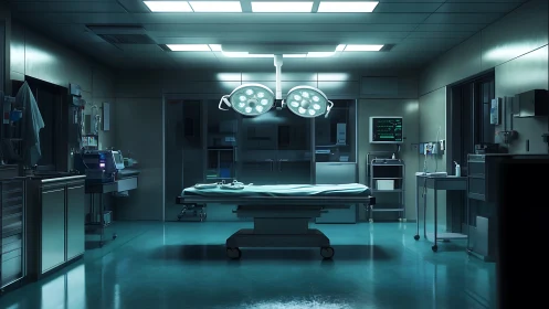 Sterile operating room stands ready under cold surgical light
