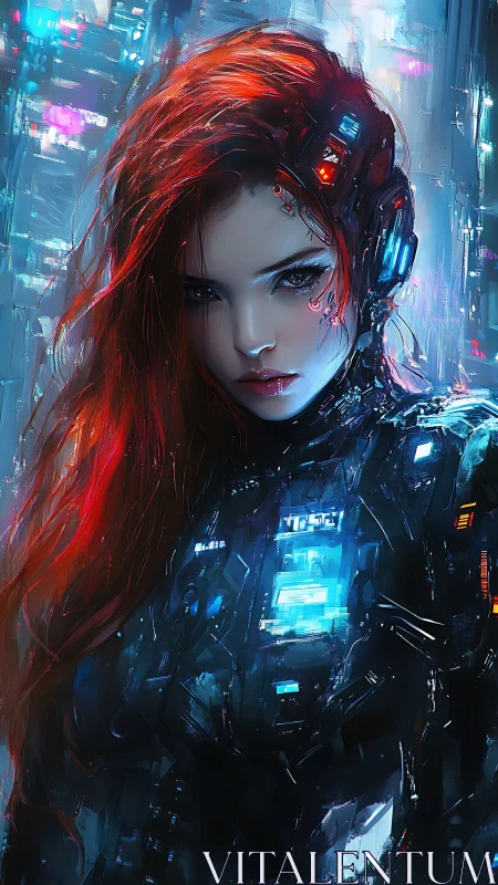 Cybernetic red‑haired warrior stands in neon storm light