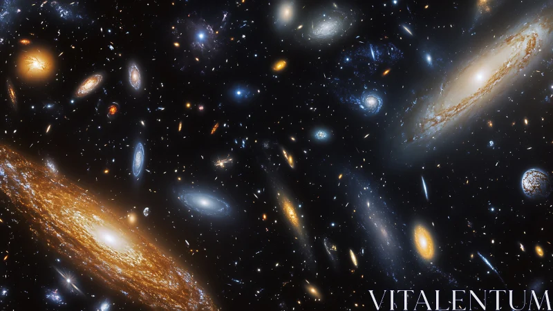 Spiral galaxies crowd deep cosmic field in star-specked void.