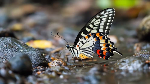Colorful butterfly sipping quietly by a gentle stream bank.