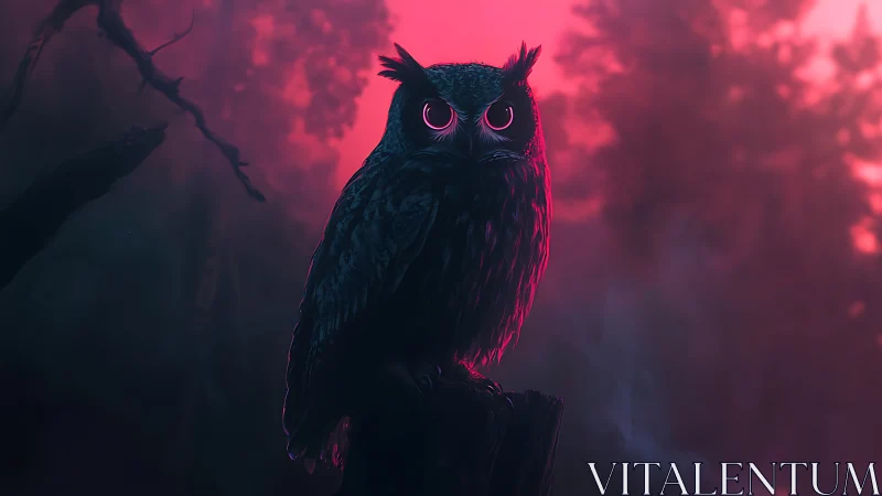 Neon-illuminated forest owl under magenta backscatter glow.