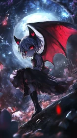 Moonlit bat-winged girl broods over a shattered crimson night.