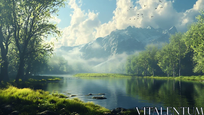 Sunlit alpine lake with volumetric fog and high-detail foliage