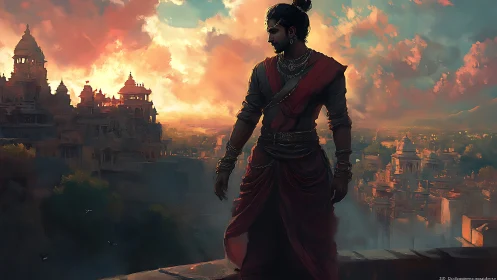 Warrior prince gazes over ancient city at blazing sunset.