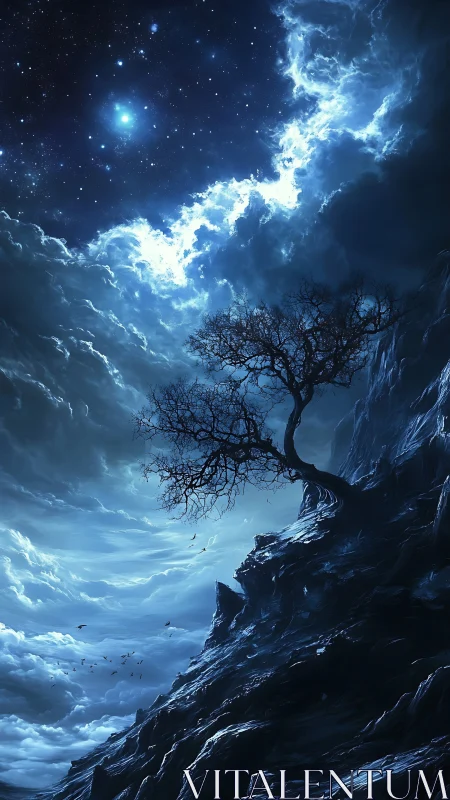 Solitary winter tree clings to a luminous storm-split sky