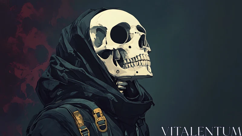 Hooded skeletal figure gazes outward in muted darkness.