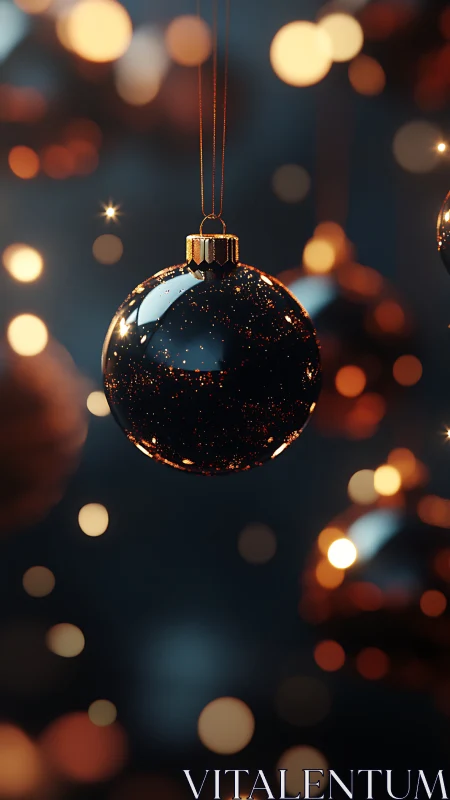 Dark glass Christmas bauble with warm golden bokeh lights