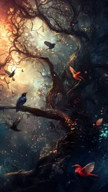 Enchanted twilight tree alive with glowing birds and color.