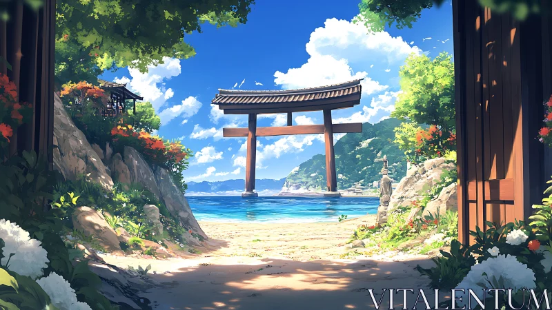 Torii gate stands offshore beyond shaded coastal temple path