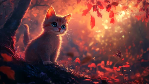 Luminous Kitten Gazes Through Crimson Autumn's Ethereal Warmth