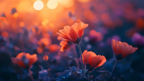 Glowing orange wildflowers bask in dreamy twilight haze