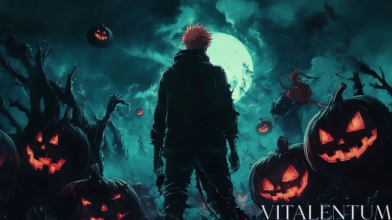 Backlit wanderer confronts glowing jack o’lantern horde at moonrise