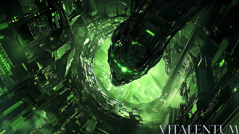 Neon serpent AI awakening inside a swirling data vortex.