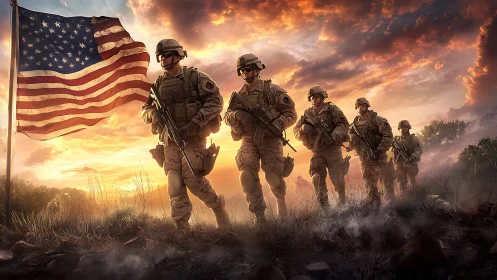 Group of armed soldiers walks past US flag at sunset