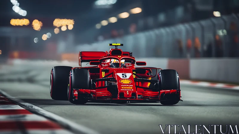 Night race spotlight on a bold red Formula 1 speed machine.
