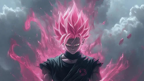 Pink-haired anime warrior ignites with storm-lit power.